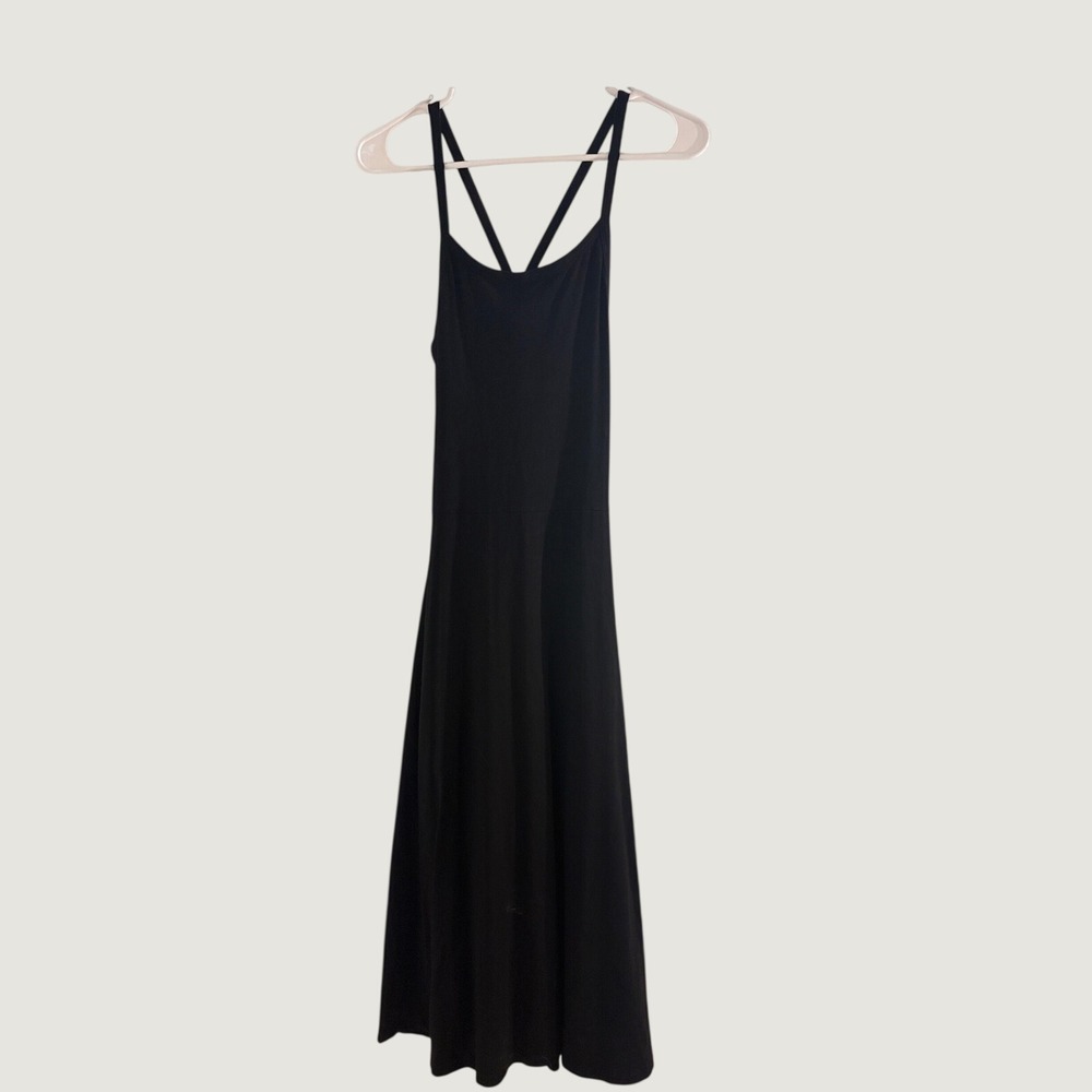 Pact Fit and Flare Organic Cotton Midi Dress Black Cross Back Pockets Small